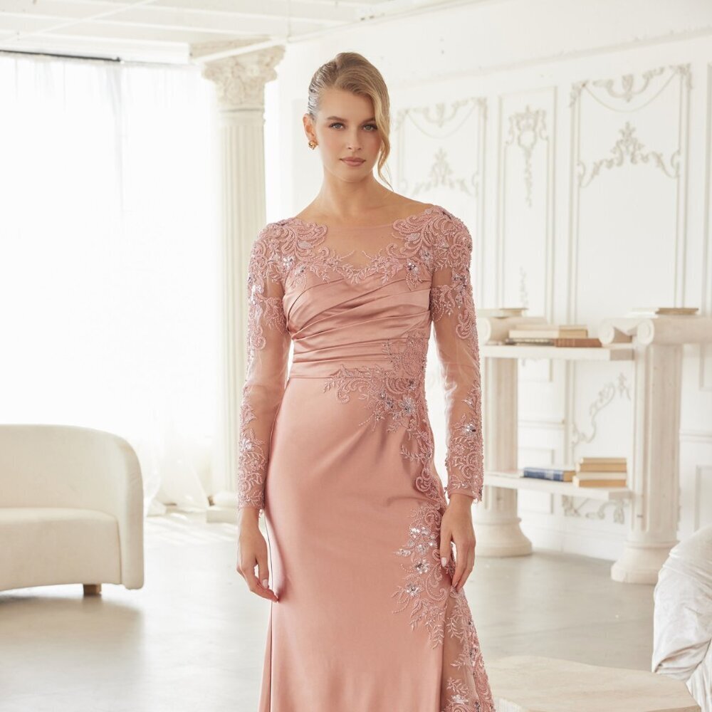 New Rose Long Sheer Sleeve Floral Lace Satin Gown For Wedding Occasion NX ME123